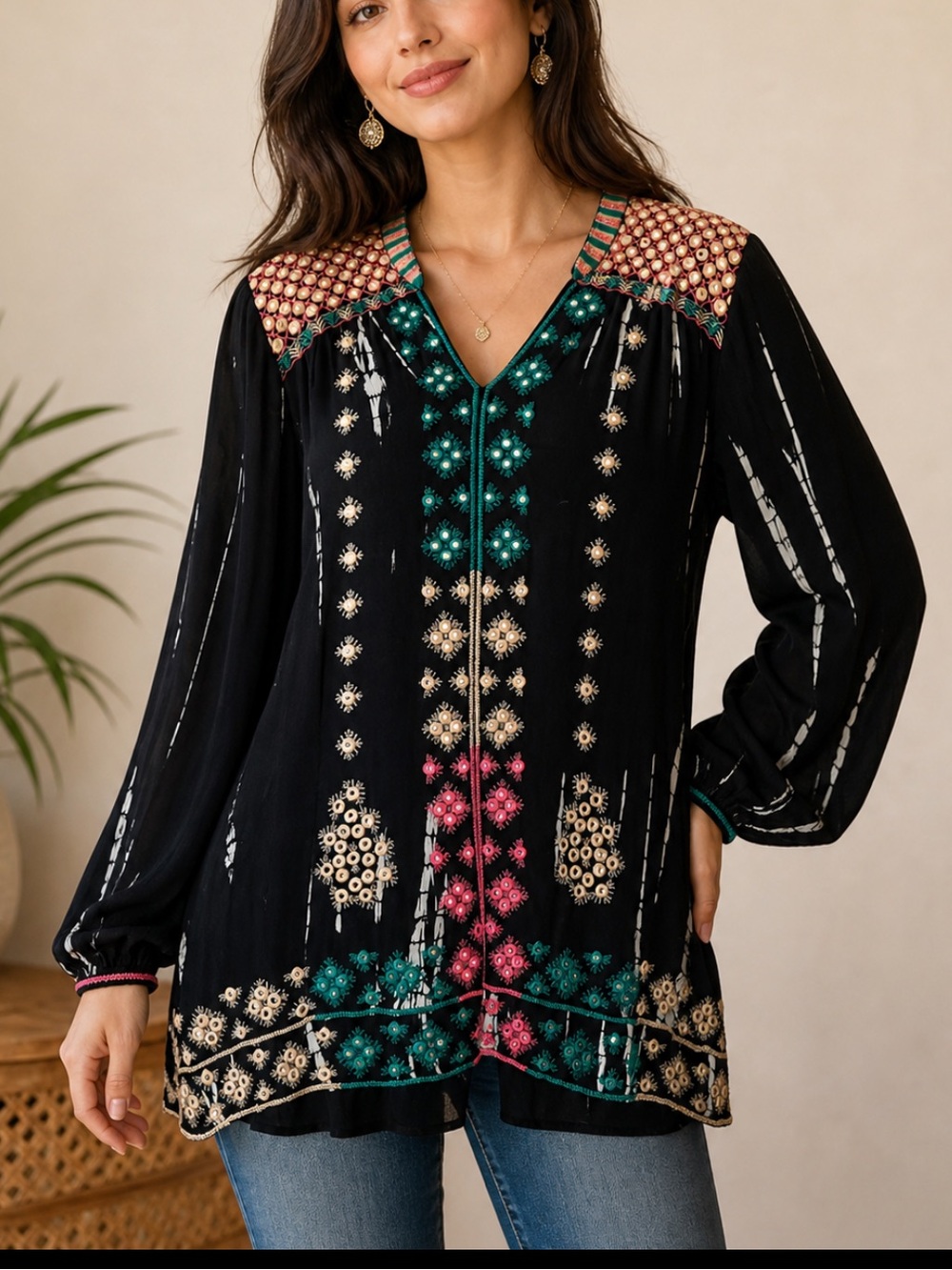 Soft Surroundings Embroidered Mirror Accent V-Neck Tie-Dye Tunic Top 2X